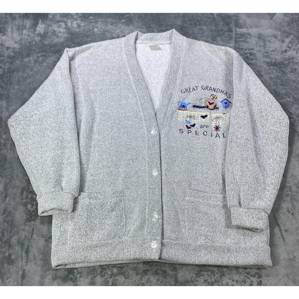 Vintage 90s Women's XL Gray Grandma Embroidered Cardigan Sweater Made USA Granny